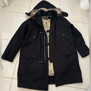 Burberry Men's Black Hooded Coat with rabbit Fur Lining winter jacket XL
